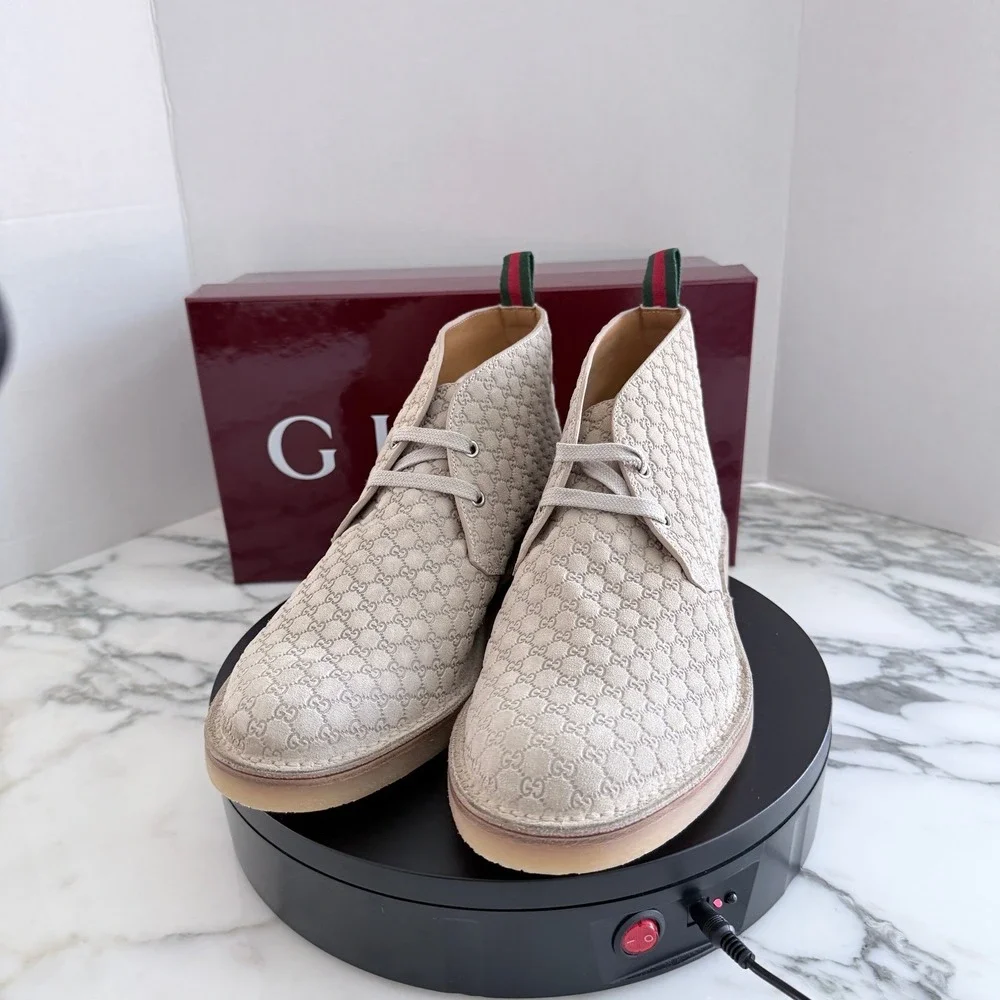 GUCCI GG Suede Desert Boots Embossed Oatmeal Tan Shoe, G 10+